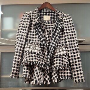 Rebecca Taylor Tweed Set Black White Fringe Jacket + Skirt Chanel Style size 4